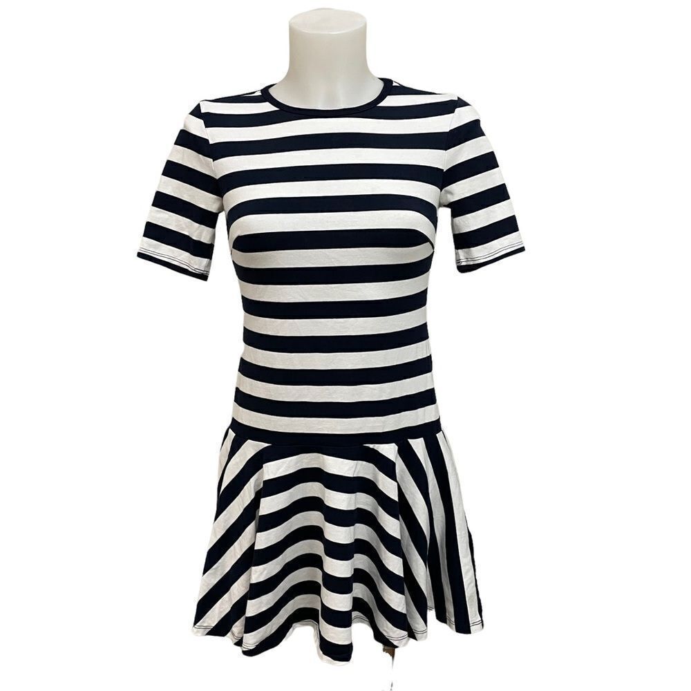 Trina‎ Turk Blue and White Striped Dress, short sleeve mini, ruffled hem size P